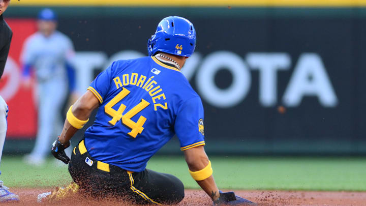 Seattle Mariners center fielder Julio Rodriguez (44) beats the throw to Kansas City Royals shortstop Bobby Witt Jr. (7) to steal second base during the first inning at T-Mobile Park on July 3.