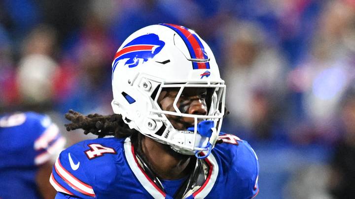 Sep 7, 2025; Orchard Park, New York, USA;  Buffalo Bills running back James Cook (4) runs the ball during the third quarter against the Baltimore Ravens at Highmark Stadium. Mandatory Credit: Mark Konezny-Imagn Images