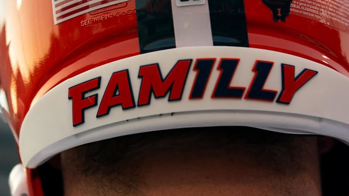 Sep 8, 2023; Lawrence, Kansas, USA; A general view of the helmet worn by Illinois Fighting Illini offensive lineman Zachary Barlev (68) during the first half against the Kansas Jayhawks at David Booth Kansas Memorial Stadium. Mandatory Credit: Jay Biggerstaff-Imagn Images