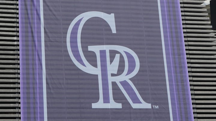 Apr 26, 2024; Mexico City, Mexico;  A banner with the Colorado Rockies logo at Estadio Alfredo Harp Helu. 