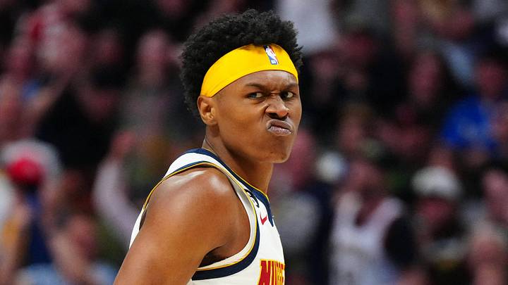 Apr 2, 2023; Denver, Colorado, USA; Denver Nuggets forward Peyton Watson (8) reacts to a play in the fourth quarter against the Golden State Warriors at Ball Arena. Mandatory Credit: Ron Chenoy-USA TODAY Sports Apr 2, 2023; Denver, Colorado, USA; Denver Nuggets forward Peyton Watson (8) reacts to a play in the fourth quarter against the Golden State Warriors at Ball Arena. Mandatory Credit: Ron Chenoy-USA TODAY Sports