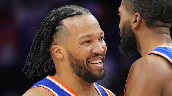 New York Knicks guard Jalen Brunson (11) reacts with guard Mikal Bridges (25) against the Philadelphia 76ers in the third quarter during game four of the second round of the 2026 NBA Playoffs at Xfinity Mobile Arena on May 10, 2026.