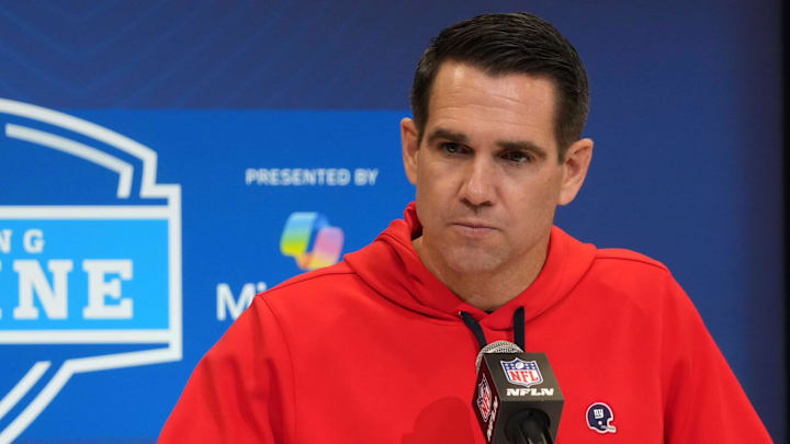 Feb 25, 2025; Indianapolis, IN, USA; New York Giants general manager Joe Schoen speaks during the NFL Scouting Combine at the Indiana Convention Center. Mandatory Credit: Kirby Lee-Imagn Images