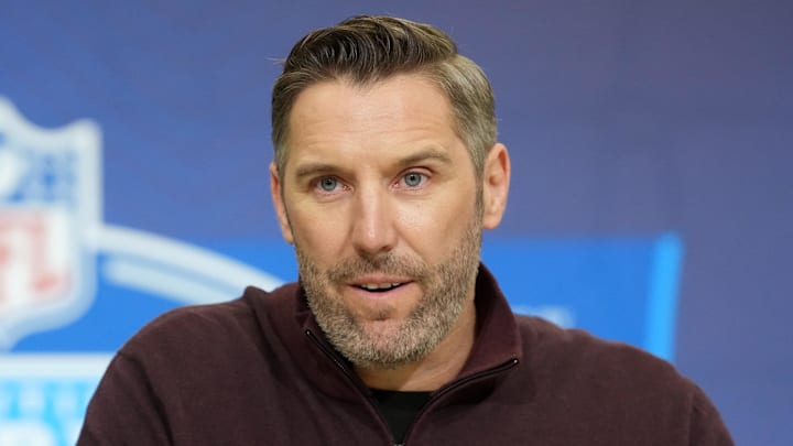 Feb 24, 2026; Indianapolis, IN, USA; Washington Commanders general manager Adam Peters speaks at the NFL Scouting Combine at the Indiana Convention Center. Mandatory Credit: Kirby Lee-Imagn Images