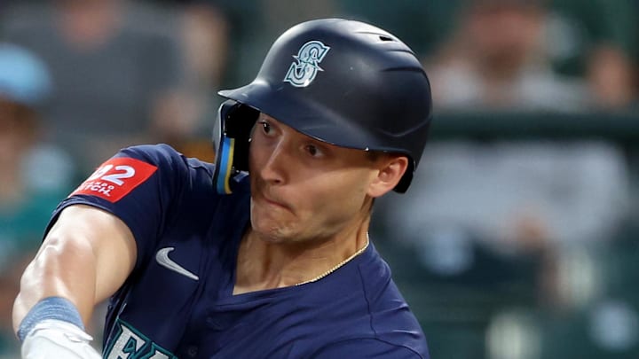 Seattle Mariners right fielder Dominic Canzone hits a single during a game against the Athletics on July 29 at Sutter Health Park. Seattle Mariners right fielder Dominic Canzone hits a single during a game against the Athletics on July 29 at Sutter Health Park.