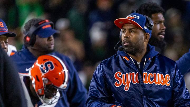 Nov 22, 2025; South Bend, Indiana, USA; Syracuse Orange head coach Fran Brown on the sidelines against the Notre Dame Fighting Irish during the second half at Notre Dame Stadium. Mandatory Credit: Michael Caterina-Imagn Images