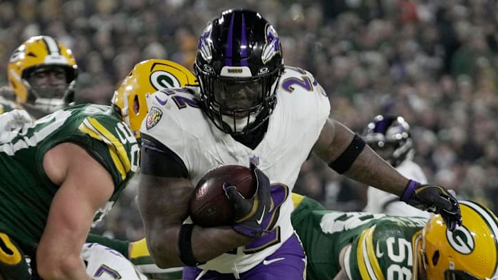 Baltimore Ravens running back Derrick Henry (22) runs for a touchdown against the Green Bay Packers.
