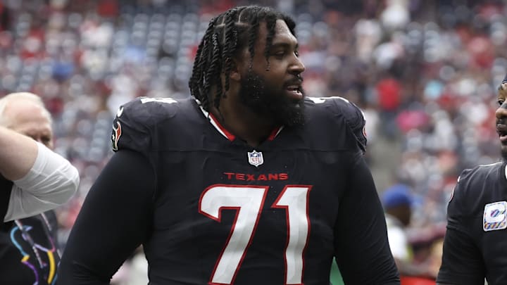 Sep 29, 2024; Houston, Texas, USA; Houston Texans offensive tackle Tytus Howard (71) and wide receiver Stefon Diggs (1) during the game against the Jacksonville Jaguars at NRG Stadium. Mandatory Credit: Troy Taormina-Imagn Images Sep 29, 2024; Houston, Texas, USA; Houston Texans offensive tackle Tytus Howard (71) and wide receiver Stefon Diggs (1) during the game against the Jacksonville Jaguars at NRG Stadium. Mandatory Credit: Troy Taormina-Imagn Images