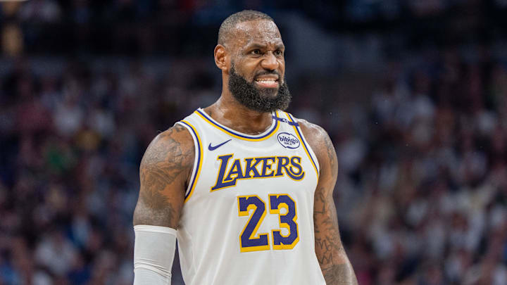 Apr 27, 2025; Minneapolis, Minnesota, USA; Los Angeles Lakers forward LeBron James (23) talks with a referee in the third quarter against the Minnesota Timberwolves during game four of first round for the 2025 NBA Playoffs at Target Center. Mandatory Credit: Matt Blewett-Imagn Images Apr 27, 2025; Minneapolis, Minnesota, USA; Los Angeles Lakers forward LeBron James (23) talks with a referee in the third quarter against the Minnesota Timberwolves during game four of first round for the 2025 NBA Playoffs at Target Center. Mandatory Credit: Matt Blewett-Imagn Images