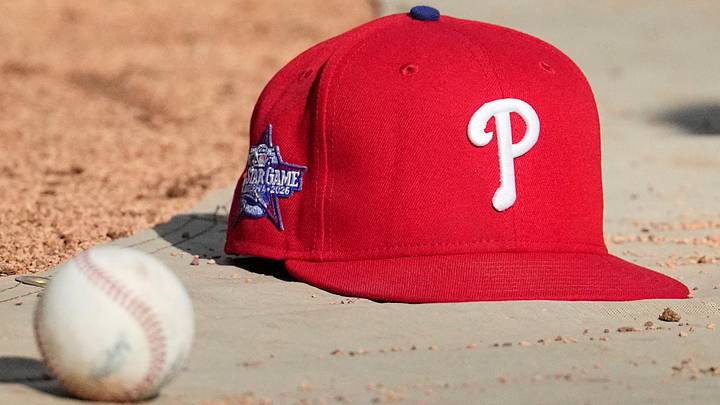 Jun 12, 2026; Milwaukee, Wisconsin, USA; Philadelphia Phillies hat on the field during batting practice before a game against the Milwaukee Brewers at American Family Field. Mandatory Credit: Michael McLoone-Imagn Images