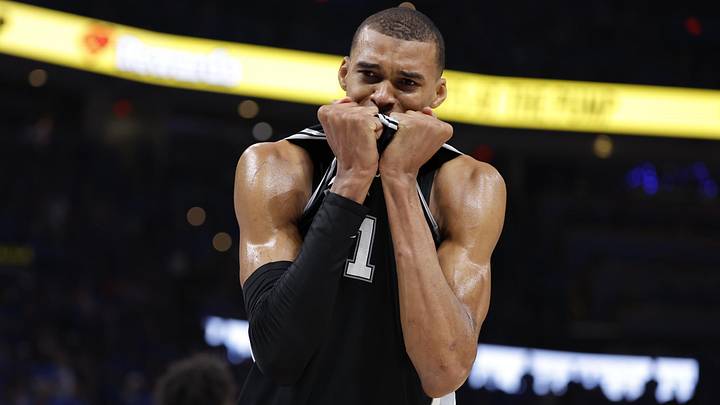 May 30, 2026; Oklahoma City, Oklahoma, USA; San Antonio Spurs forward Victor Wembanyama (1) celebrates after defeating the Oklahoma City Thunder in game seven of the western conference finals for the 2026 NBA playoffs at Paycom Center. Mandatory Credit: Alonzo Adams-Imagn Images