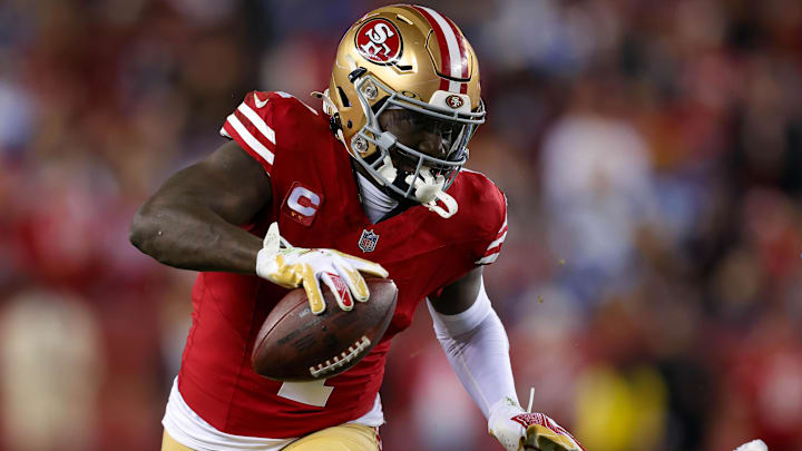 Dec 30, 2024; Santa Clara, California, USA; San Francisco 49ers wide receiver Deebo Samuel Sr. (1) during the game against the Detroit Lions at Levi's Stadium. Mandatory Credit: Sergio Estrada-Imagn Images