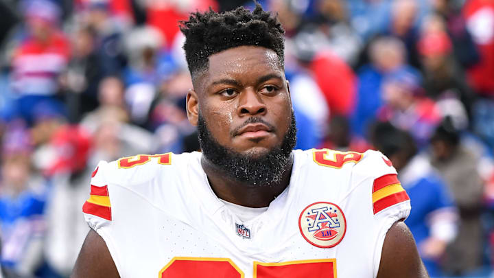 Nov 17, 2024; Orchard Park, New York, USA; Kansas City Chiefs guard Trey Smith (65) leaves the field after warm ups before a game against the Buffalo Bills at Highmark Stadium. Mandatory Credit: Mark Konezny-Imagn Images