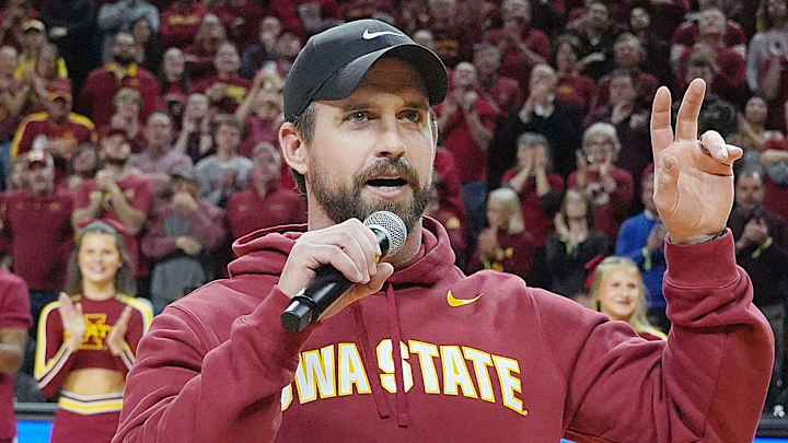 Iowa State football coach Jimmy Rogers speaks during a timeout in the first half in the Iowa State and Iowa men’s basketball Cy-Hawk series at Hilton coliseum on Dec. 11, 2025, in Ames, Iowa.