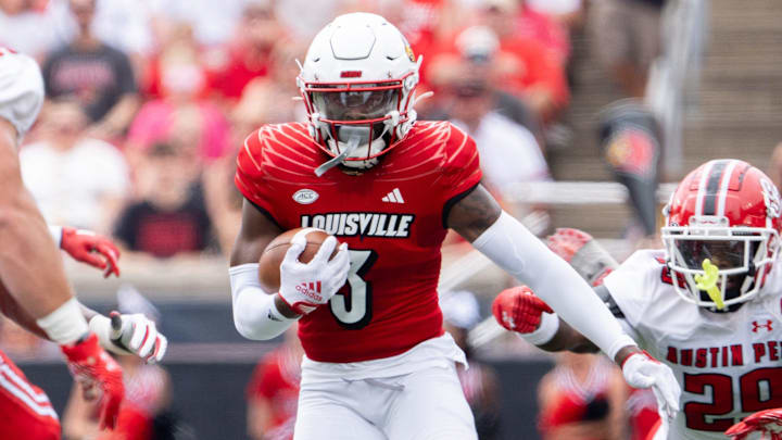 Louisville Cardinals defensive back Quincy Riley (3) runs the ball down the field during their game against the Austin Peay Governors on Saturday, Aug. 31, 2024 at L&N Federal Credit Union Stadium in Louisville, Ky. Louisville Cardinals defensive back Quincy Riley (3) runs the ball down the field during their game against the Austin Peay Governors on Saturday, Aug. 31, 2024 at L&N Federal Credit Union Stadium in Louisville, Ky.