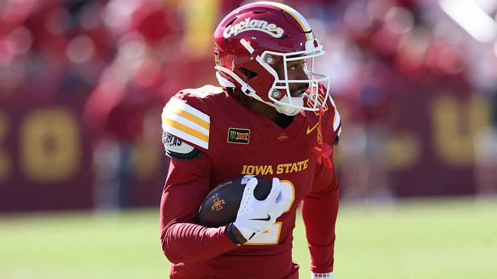 Oct 3, 2026; Ames, Iowa, USA; Iowa State Cyclones wide receiver Cody Jackson (2) catches a touchdown pass from Iowa State Cyclones running back Aiden Flora (21) against the West Virginia Mountaineers at Jack Trice Stadium. Mandatory Credit: Reese Strickland-Imagn Images Oct 3, 2026; Ames, Iowa, USA; Iowa State Cyclones wide receiver Cody Jackson (2) catches a touchdown pass from Iowa State Cyclones running back Aiden Flora (21) against the West Virginia Mountaineers at Jack Trice Stadium. Mandatory Credit: Reese Strickland-Imagn Images