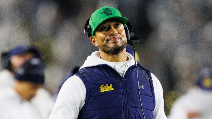 Notre Dame head coach Marcus Freeman looks on during the first half of a NCAA football game against Navy at Notre Dame Stadium on Saturday, Nov. 8, 2025, in South Bend.