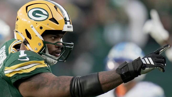 Green Bay Packers defensive end Micah Parsons (1) is shown after sacking Jared Goff in Week 1.