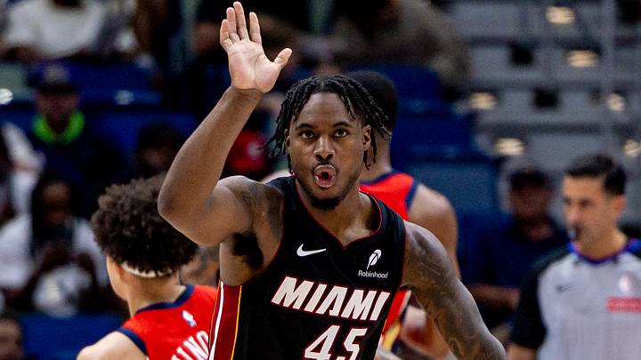 Miami Heat guard Davion Mitchell (45) reacts (Mandatory Credit: Stephen Lew-Imagn Images)