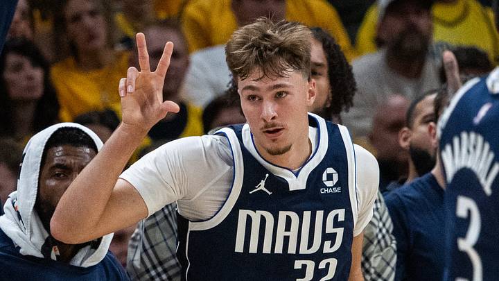 Oct 23, 2026; Indianapolis, Indiana, USA;  Dallas Mavericks forward Cooper Flagg (32) celebrates a made shot in the first half against the Indiana Pacers at Gainbridge Fieldhouse.  Mandatory Credit: Trevor Ruszkowski-Imagn Images