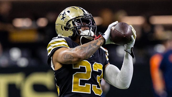 Oct 17, 2024; New Orleans, Louisiana, USA;  New Orleans Saints cornerback Marshon Lattimore (23) during the warmups before the game against the Denver Broncos at Caesars Superdome. Mandatory Credit: Stephen Lew-Imagn Images