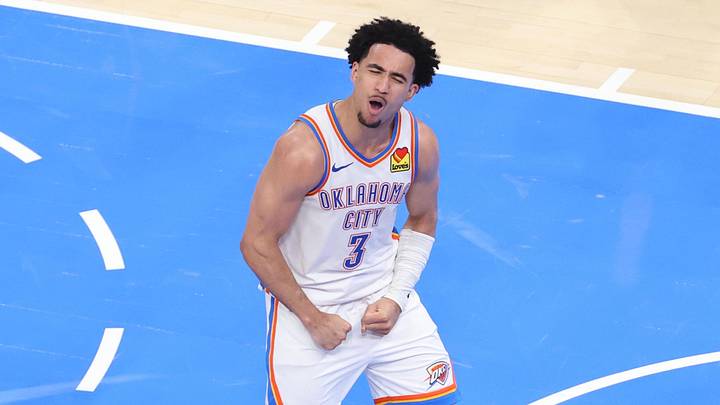 May 26, 2026; Oklahoma City, Oklahoma, USA; Oklahoma City Thunder guard Jared McCain (3) reacts after a basket during the fourth quarter against the San Antonio Spurs in game five of the western conference finals for the 2026 NBA playoffs at Paycom Center. Mandatory Credit: Brett Rojo-Imagn Images