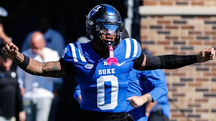 Oct 18, 2025; Durham, North Carolina, USA; Duke Blue Devils tight end Chandler Rivers (0) runs out before the first half of the game against Georgia Tech Yellow Jackets at Wallace Wade Stadium. Mandatory Credit: Jaylynn Nash-Imagn Images