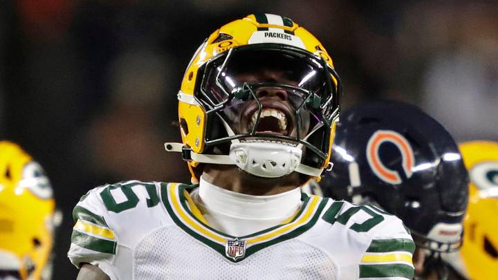 Green Bay Packers linebacker Edgerrin Cooper celebrates tackling Chicago Bears running back Kyle Monangai. Green Bay Packers linebacker Edgerrin Cooper celebrates tackling Chicago Bears running back Kyle Monangai.