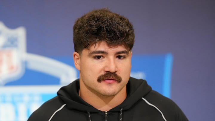 Feb 25, 2026; Indianapolis, IN, USA; Texas Tech linebacker Jacob Rodriguez (LB21) speaks during the NFL Scouting Combine at the Indiana Convention Center. Mandatory Credit: Kirby Lee-Imagn Images Feb 25, 2026; Indianapolis, IN, USA; Texas Tech linebacker Jacob Rodriguez (LB21) speaks during the NFL Scouting Combine at the Indiana Convention Center. Mandatory Credit: Kirby Lee-Imagn Images
