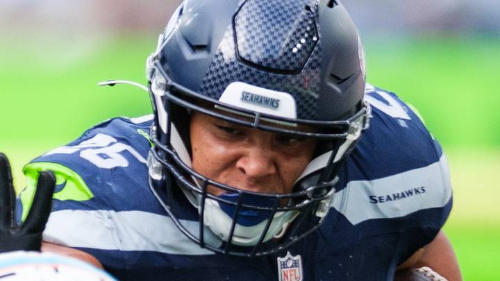  Seattle Seahawks running back Zach Charbonnet with the stiff arm