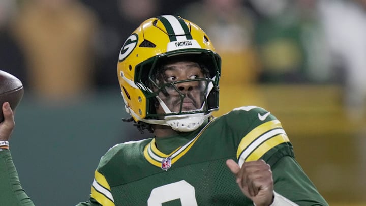 Green Bay Packers quarterback Malik Willis (2) throws during the third quarter of their game against the Baltimore Ravens Saturday, December 27, 2025 at Lambeau Field in Green Bay, Wisconsin.
