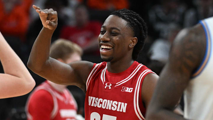 Mar 14, 2025; Indianapolis, IN, USA; Wisconsin Badgers guard John Blackwell (25) Mandatory Credit: Robert Goddin-Imagn Images
