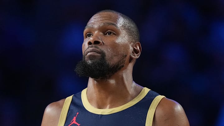 Feb 15, 2026; Inglewood, California, USA; Team USA Stripes forward Kevin Durant () 7of the Houston Rockets looks on during game three against Team World during the 75th NBA All Star Game at Intuit Dome. Mandatory Credit: Kirby Lee-Imagn Images