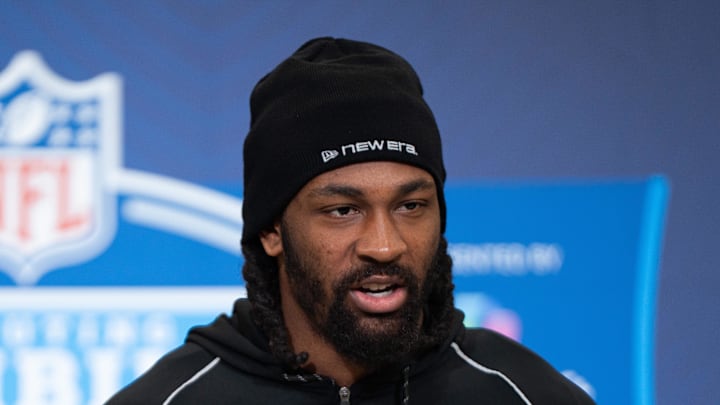 Omar Cooper Jr. speaks to members of the media during the NFL Combine Omar Cooper Jr. speaks to members of the media during the NFL Combine
