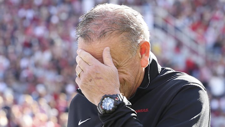 Arkansas Razorbacks coach Sam Pittman prior to the game against the Texas Longhorns at Razorback Stadium.