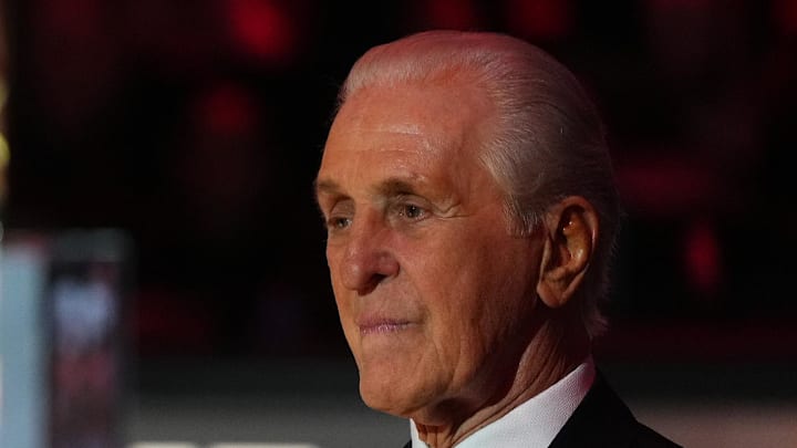 Jan 19, 2024; Miami, Florida, USA; Miami Heat president Pat Riley sits on the court for the jersey retirement ceremony for former player Udonis Haslem during halftime of the game between the Miami Heat and the Atlanta Hawks Kaseya Center. Mandatory Credit: Jasen Vinlove-Imagn Images
