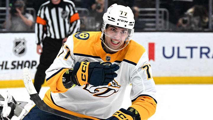 Apr 2, 2026; Los Angeles, California, USA; Nashville Predators right wing Luke Evangelista (77) celebrates after winning the penalty shootout against the Los Angeles Kings at Crypto.com Arena. Mandatory Credit: Griffin Hooper-Imagn Images Apr 2, 2026; Los Angeles, California, USA; Nashville Predators right wing Luke Evangelista (77) celebrates after winning the penalty shootout against the Los Angeles Kings at Crypto.com Arena. Mandatory Credit: Griffin Hooper-Imagn Images