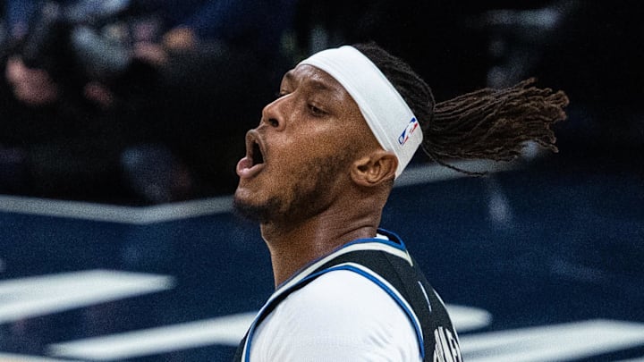 Milwaukee Bucks center/forward Myles Turner (3) celebrates a basket in the first half against the Indiana Pacers at Gainbridge Fieldhouse on November 3, 2025.