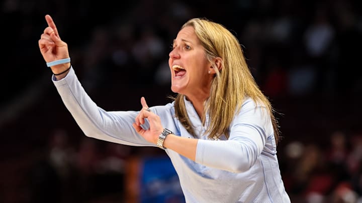 Mar 22, 2024; Columbia, SC, USA; North Carolina Tar Heels head coach Courtney Banghart directs her team against the Michigan State Spartans in the second half at Colonial Life Arena. Mandatory Credit: Jeff Blake-Imagn Images Mar 22, 2024; Columbia, SC, USA; North Carolina Tar Heels head coach Courtney Banghart directs her team against the Michigan State Spartans in the second half at Colonial Life Arena. Mandatory Credit: Jeff Blake-Imagn Images