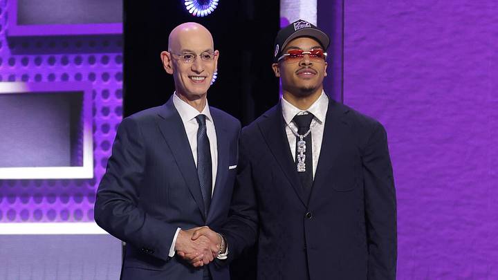 Jun 23, 2026; New York, NY, USA; NBA commissioner Adam Silver greets the seventh pick in the 2026 NBA draft, Arkansas guard Darius Acuff Jr. after he was selected by the Sacramento Kings at Barclays Center.
