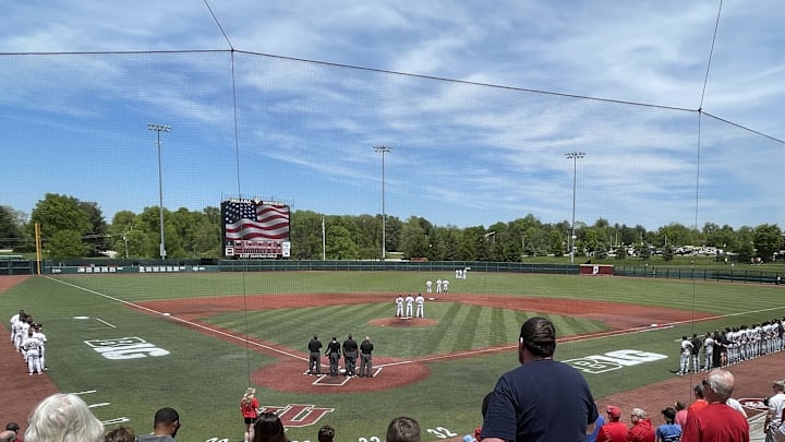 Indiana and Purdue baseball teams stand for the National Anthem during their Big Ten baseball game on May 10, 2025. Indiana and Purdue baseball teams stand for the National Anthem during their Big Ten baseball game on May 10, 2025.