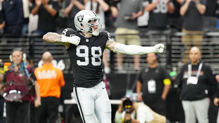 Oct 12, 2025; Paradise, Nevada, USA; Las Vegas Raiders defensive end Maxx Crosby (98) reacts after a play during the second half against the Tennessee Titans at Allegiant Stadium. Mandatory Credit: Stephen R. Sylvanie-Imagn Images Oct 12, 2025; Paradise, Nevada, USA; Las Vegas Raiders defensive end Maxx Crosby (98) reacts after a play during the second half against the Tennessee Titans at Allegiant Stadium. Mandatory Credit: Stephen R. Sylvanie-Imagn Images