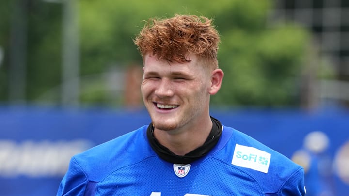 Jun 3, 2025; Woodland Hills, CA, USA; Los Angeles Rams tight end Terrance Ferguson (18) during organized team activities at Rams Practice Facility. Mandatory Credit: Kirby Lee-Imagn Images