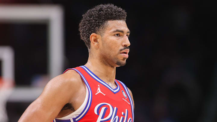 Mar 23, 2025; Atlanta, Georgia, USA; Philadelphia 76ers guard Quentin Grimes (5) in action against the Atlanta Hawks in the third quarter at State Farm Arena. Mandatory Credit: Brett Davis-Imagn Images