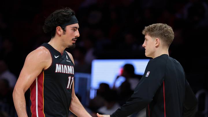 Dec 15, 2025; Miami, Florida, USA; Miami Heat forward Jaime Jaquez Jr. (11) celebrates with guard Kasparas Jakucionis (25) against the Toronto Raptors during a timeout in the second quarter at Kaseya Center. Mandatory Credit: Sam Navarro-Imagn Images Dec 15, 2025; Miami, Florida, USA; Miami Heat forward Jaime Jaquez Jr. (11) celebrates with guard Kasparas Jakucionis (25) against the Toronto Raptors during a timeout in the second quarter at Kaseya Center. Mandatory Credit: Sam Navarro-Imagn Images