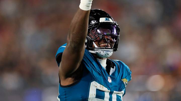 Jacksonville Jaguars defensive end Wesley Williams (90) celebrates his fumble recovery during the second quarter of an NFL preseason football matchup at EverBank Stadum on Friday, Aug. 28, 2026 in Jacksonville, Fla. [Corey Perrine/Florida Times-Union]