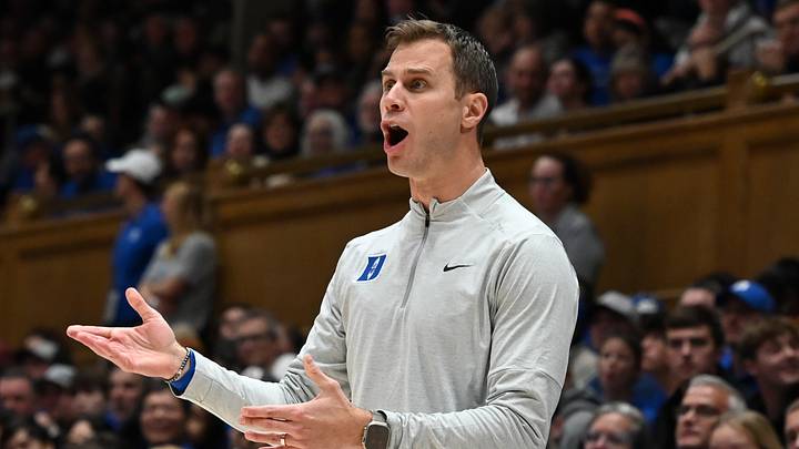 Nov 29, 2024; Durham, North Carolina, USA; Duke Blue Devils head coach Jon Scheyer directs his team during the second half against the Seattle Redhawks at Cameron Indoor Stadium. Mandatory Credit: Rob Kinnan-Imagn Images Nov 29, 2024; Durham, North Carolina, USA; Duke Blue Devils head coach Jon Scheyer directs his team during the second half against the Seattle Redhawks at Cameron Indoor Stadium. Mandatory Credit: Rob Kinnan-Imagn Images