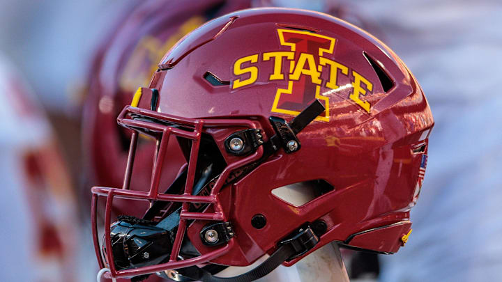 Nov 9, 2024; Kansas City, Missouri, USA; Iowa State Cyclones helmets on the bench during the first quarter against the Kansas Jayhawks at GEHA Field at Arrowhead Stadium. Nov 9, 2024; Kansas City, Missouri, USA; Iowa State Cyclones helmets on the bench during the first quarter against the Kansas Jayhawks at GEHA Field at Arrowhead Stadium.