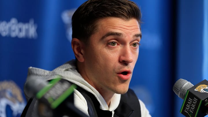 Jacksonville Jaguars general manager James Gladstone speaks during a press conference at the Miller Electric Center, Wednesday, Jan. 14, 2026, in Jacksonville, Fla.
