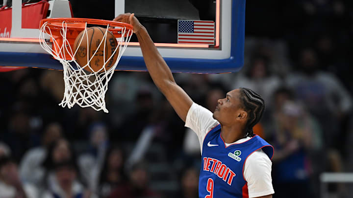 Feb 3, 2026; Detroit, Michigan, USA; Detroit Pistons guard Ausar Thompson (9) dunks the ball against the Denver Nuggets in the fourth quarter at Little Caesars Arena. Mandatory Credit: Lon Horwedel-Imagn Images